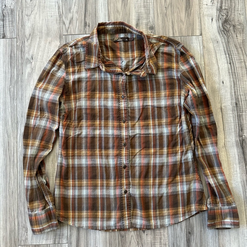 Prana Shirt Womens Brown Plaid Long Sleeve Button Up Outdoor Casual XL
